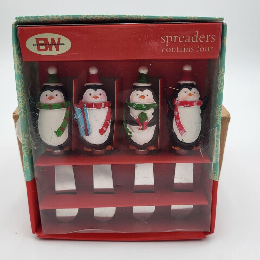 Boston Warehouse Christmas Penguins‎ Set of 4 Spreaders Cheese Snack